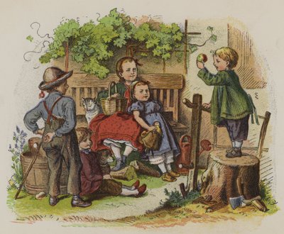 Gruppe von Kindern, die im Freien spielen (Farblithografie) von Oskar Pletsch