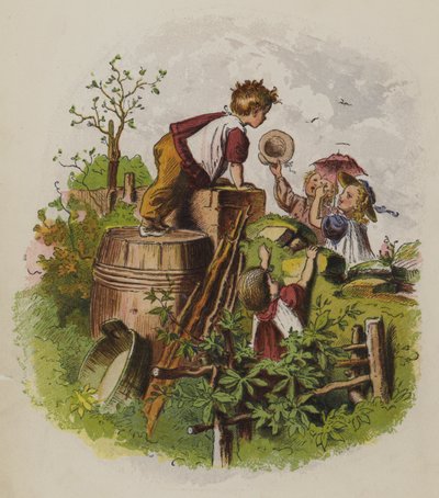 Gruppe von Kindern, die im Freien spielen (Farblithografie) von Oskar Pletsch