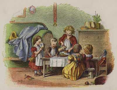 Gruppe kleiner Mädchen, die Teetrinken spielen (Farblithografie) von Oskar Pletsch