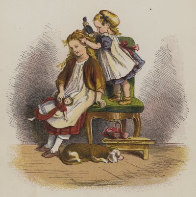 Kleines Mädchen bürstet das Haar ihrer Schwester (Farblithografie) von Oskar Pletsch
