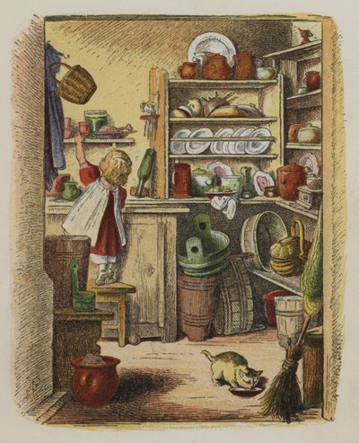 Kleines Mädchen greift nach einem Gegenstand auf einem hohen Regal (Farblithografie) von Oskar Pletsch