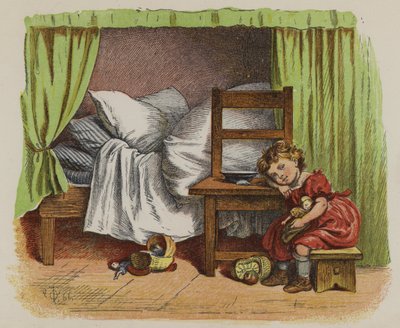 Kleines Mädchen sitzt neben ihrem Bett (Farblithografie) von Oskar Pletsch
