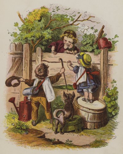 Drei Kinder plaudern über einen Gartenzaun von Oskar Pletsch