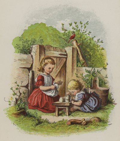 Zwei kleine Mädchen spielen im Garten (Farblithografie) von Oskar Pletsch