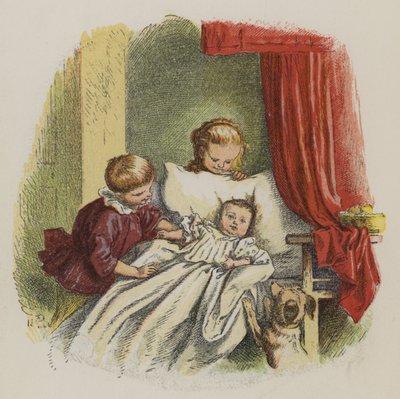 Junge und Mädchen beobachten ein Baby (Farblithografie) von Oskar Pletsch
