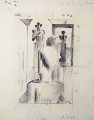 Figuren in einem Raum, von Oskar Schlemmer, Bleistift auf Papier. Deutschland, 20. Jahrhundert. von Oskar Schlemmer