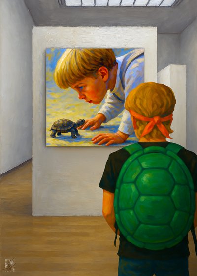Neugieriger Junge mit Schildkröte von Osvaldo Russo