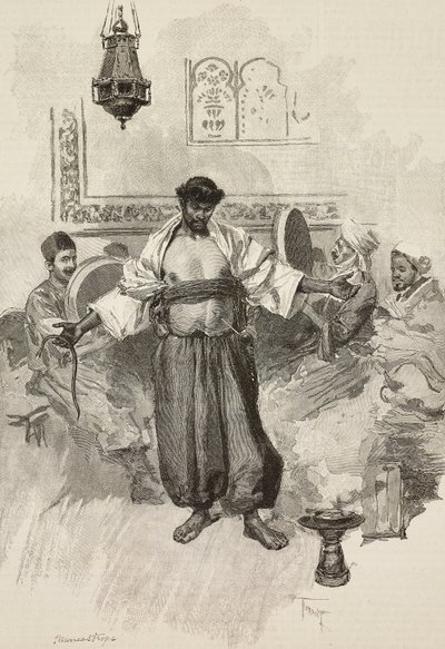 Aissawa-Tanz, marokkanische religiöse Bruderschaft, auf der Weltausstellung 1889, Paris, Frankreich, Gravur von E. Mancastroppa nach einer Zeichnung von Osvaldo Tofani aus L