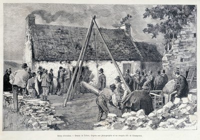 Männer rennen durch eine Tür mit Hilfe eines Bauchbaums, um den Bewohner aus der Wohnung zu vertreiben. Zeichnung von Tofani nach einer Skizze von O. de Champeaux (19. Jahrhundert) von Oswaldo Tofani
