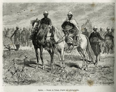 Die Spahis der Expeditionseskorte. Gravur von Tofani, zur Illustration der Geschichte der Erkundung im Oberen Niger, von Kommandant Gallieni, der Marineinfanterie, in 1880-1881, veröffentlicht in Le tour du monde, unter der Leitung von Edouard Charton (180 von Oswaldo Tofani