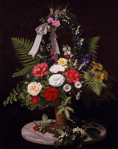 Stillleben mit Blumen im Korb (Margeriten, Farne, Rosen) von Otto Didrik Ottesen