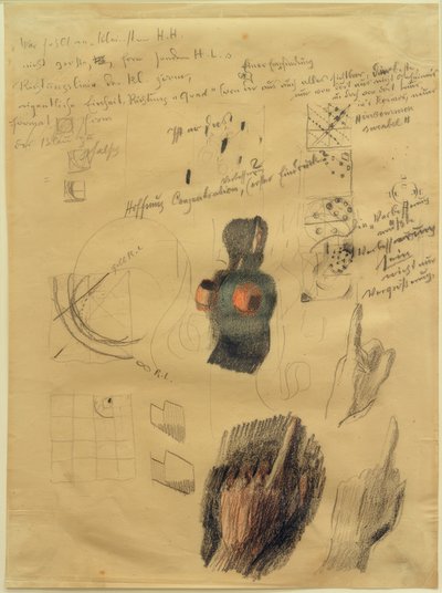 Skizzenblatt mit Kompositions- und Handstudien zu Händehochhaltende (Antworten) von Otto Meyer Amden