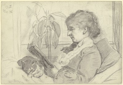 Luise Scholderer lesend mit Katze von Otto Scholderer
