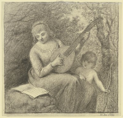 Musizierende Frau mit Amorknaben von Otto Scholderer