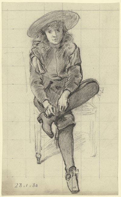 Sitzender Knabe in historischer Tracht aus der "Vorbereitung zum Kostümball" von Otto Scholderer