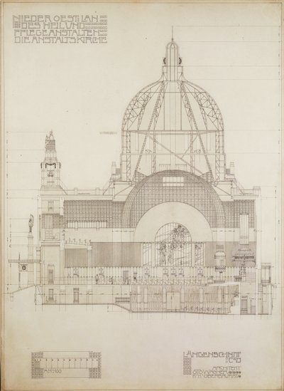 Vertikale Projektion der Kirche von Steinhof, Wiens zentrales Krankenhaus für Geisteskranke von Otto Wagner
