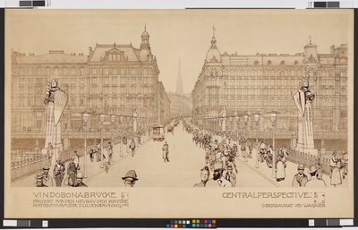 Vindobonabrücke / Projekt für den Neubau der Brücke Rothenthurmstraße - Lilienbrunngasse. Zentralperspektive von Otto Wagner
