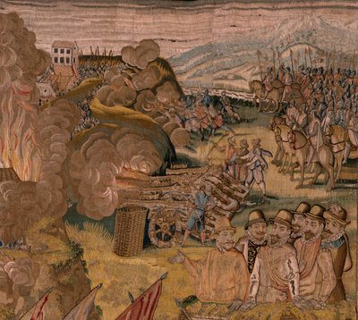 Flämischer Wandteppich. Serie Triumphe und Schlachten von Erzherzog Albrecht. Nachtangriff auf Ardres oder Eroberung der Unterstadt von Ardres. Dritter Wandteppich der Serie. Modell Otto van Veen und Hans I Snell von Otto van Veen