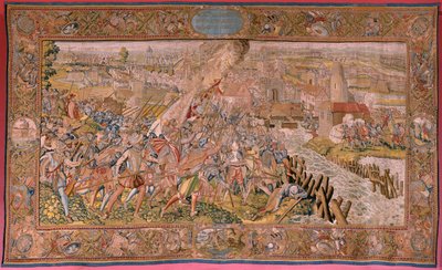 Flämischer Wandteppich. Serie Triumphe und Schlachten von Erzherzog Albrecht. Überraschung bei Calais (La sorpresa de Calais). Erster Wandteppich in der Serie. Modell Otto van Veen und Hans I Snellinck. Herstellung Martin Reynbouts, Brüssel. 1597-1599. Sto von Otto van Veen