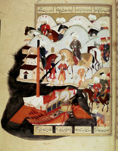 Osmanisches Reich: Sultan Murad III. (1574-1595) besucht den Hafen von Konstantinopel. Manuskript-Miniatur ms. FY 1404 „Sehinsahname“ (oder Shahinshah-nameh, Shahinshah nama, Shahinshah nameh) „Die Geschichte der Könige der Könige“ Gedicht von Ottoman School