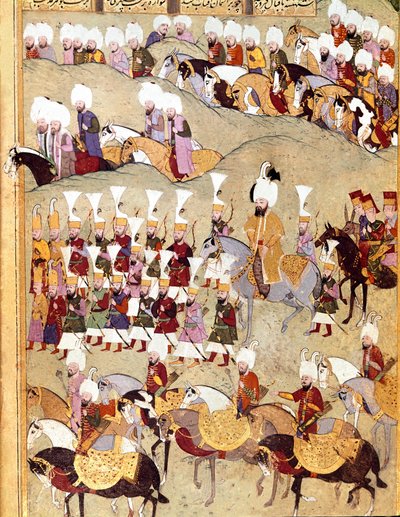 Osmanisches Reich: „Darstellung des osmanischen Sultans Murad II (Murat) (1404-1451) und seiner Armee während der Invasion Persiens“ Manuskript Miniatur ms. FY 1404 „Sehinsahname“ von Ottoman School