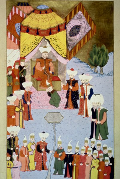 Sultan Bayezid I (1360-ca. 1402) hat seinen Miniaturhof aus „Hunername“ von Lokman, Bd. 1 (H 1523, f.7) 1584 Topkapi Sarayi Museum Bibliothek Istanbul von Ottoman School
