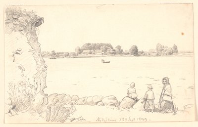 Eine Dame und zwei Kinder bei Guldborg Sund. Nykøbing Falster. von P.C. Skovgaard