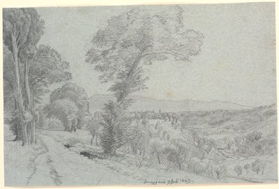 Italienische Berglandschaft mit Blick auf "Genazzano 9. Juli 1869." von P.C. Skovgaard