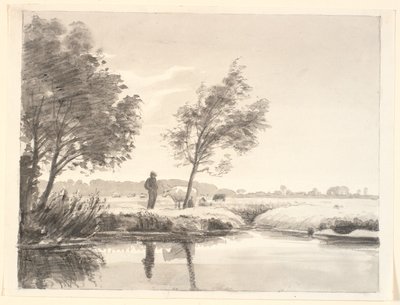 Landschaft mit Feldern, Bäumen, Kühen und einem Bauern, der sich im Vordergrund im Wasser spiegelt von P.C. Skovgaard