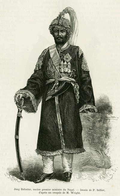 Jang Bahadur (1816-1877), Premierminister von Nepal. Gravur von P. Sellier zur Illustration der Geschichte Voyage au Nepal, von Dr. Gustave Le Bon (1841-1931), in Le tour du monde 1886, unter der Leitung von Edouard Charton (1807-1890), Hachette, Paris von P. (after) Sellier