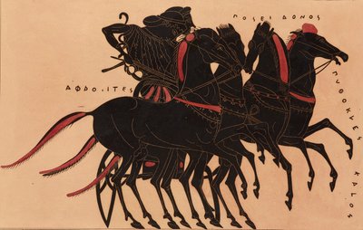 Druck der Dekoration auf einer griechischen Amphore, zeigt Aphrodite, die Poseidon in einem Wagen fährt, ca. 1858 von P Bineteau