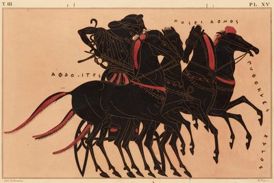 Druck der Dekoration auf einer griechischen Amphore, zeigt Aphrodite, die Poseidon in einem Wagen fährt, ca. 1858 von P. Bineteau