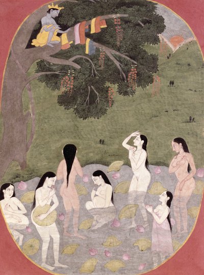 Krishna mit den Kleidern der Kuhmädchen, Tehri-Garhwal, ca. 1820-30 von Pahari School