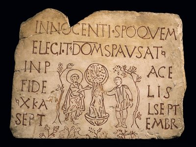 Grabstein mit Inschrift und der Taufe Christi, frühchristliche Zeit, 3. Jahrhundert von Paleo Christian