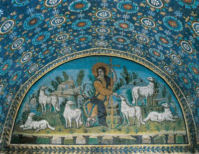 Der gute Hirte, Mosaik des Tympanons über der Eingangstür des Mausoleums von Galla Placidia, ca. 425 von Paleo Christian