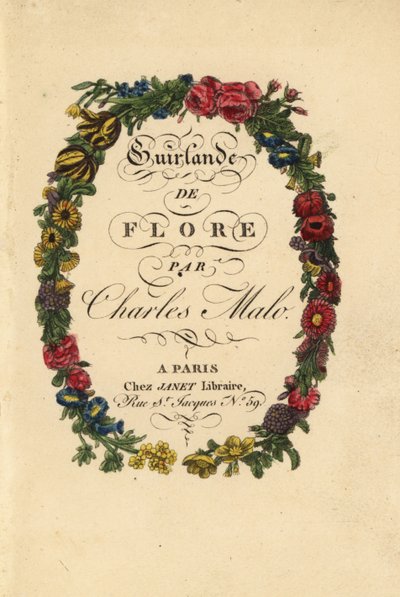 Kalligrafische Titelseite innerhalb eines Blumenkranzes aus Rosen, Tulpen und anderen Blumen von Pancrace (after) Bessa