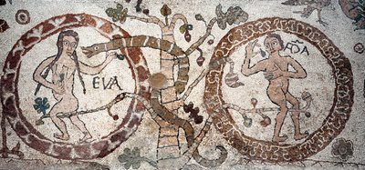 Die Versuchung von Adam und Eva. Mosaik von Pantaleone, Priester und Mosaist. 1163-1166. Zentrales Kirchenschiff der Kathedrale von Otranto (Otranto), Italien von Pantaleon Pantaleon