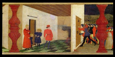 Predella der Profanation der Hostie: Der jüdische Pfandleiher röstet die geweihte Hostie im Feuer, das mit Blut strömt und die Aufmerksamkeit der Gerichtsvollzieher erregt, die die Tür einschlagen, ca. 1468 (Detail) von Paolo Uccello