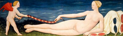 Venus auf Kissen, die einen Blumenkranz mit einem Putto hält von Paolo di Stefano Badaloni Schiavo