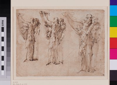 Drei Studien von St. Jerome und St. Franziskus im Gespräch, recto um 1534 - 1539 von Parmigianino (1503-40)