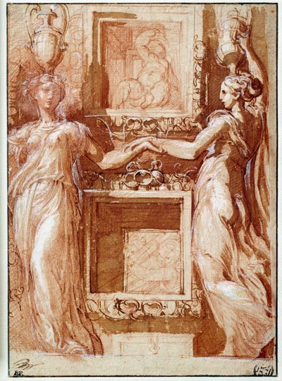 Zwei Kanephoren, die ihre Hand geben, auf beiden Seiten von Kisten Zeichnung in Tinte, Waschung, Blut und weißen Klappen von Girolamo Francesco Maria Mazzola, genannt Parmigianino oder Le Parmesan von Parmigianino