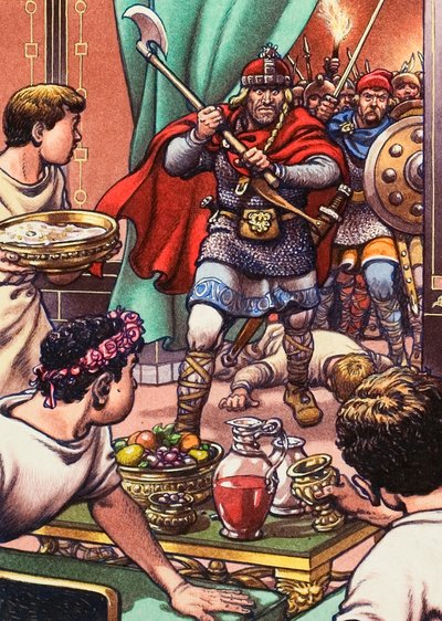 Barbaren überfallen ein römisch-britisches Abendessen von Pat (1907-95) Nicolle