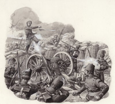 Türken verteidigen ihre beschädigten Erdwerke am Grivitza-Redoubt von Pat (1907-95) Nicolle