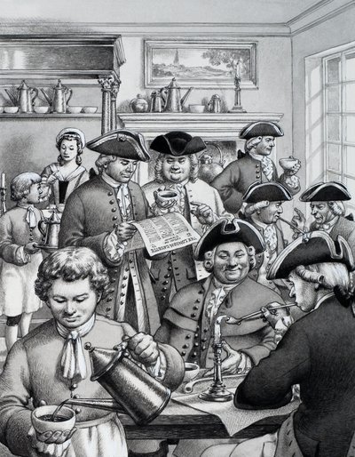 Typisches Londoner Kaffeehaus im 18. Jahrhundert von Pat (1907-95) Nicolle