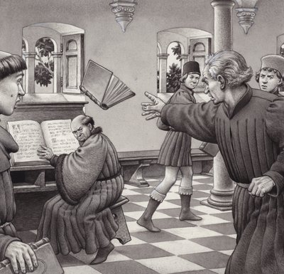 Poggio Bracciolini wirft einem Mitgelehrten, Tortelli, ein Buch zu von Pat (1907-95) Nicolle