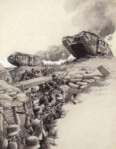 Panzer rollen über deutsche Schützengräben während des Ersten Weltkriegs von Pat (1907-95) Nicolle