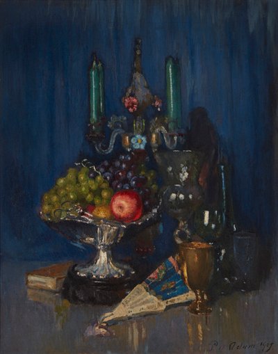 Ein Stillleben mit Früchten und Gegenständen auf einem Tisch (Öl auf Leinwand) von Patrick William Adam