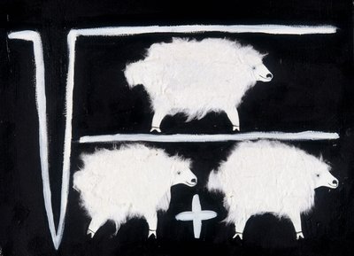 Klonen: Ein mathematisches Symbol, das Quadratwurzel-, Divisions- und Addition-Rechenoperationen darstellt, wobei Schafe als Versuchstiere verwendet werden. Weiße Baumwollcollage auf schwarzem Hintergrund. von Patrizia La Porta