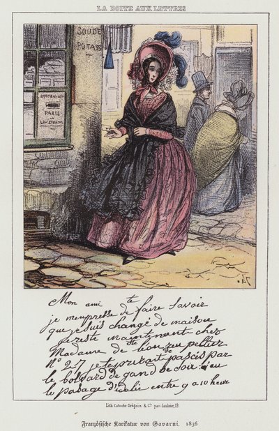 Frau geht einen Brief einwerfen, französische Karikatur von Paul (after) Gavarni