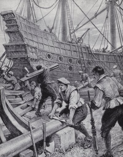 Bau der englischen Galeone Ark Royal, das Flaggschiff im Kampf gegen die spanische Armada 1588 von Paul (after) Hardy